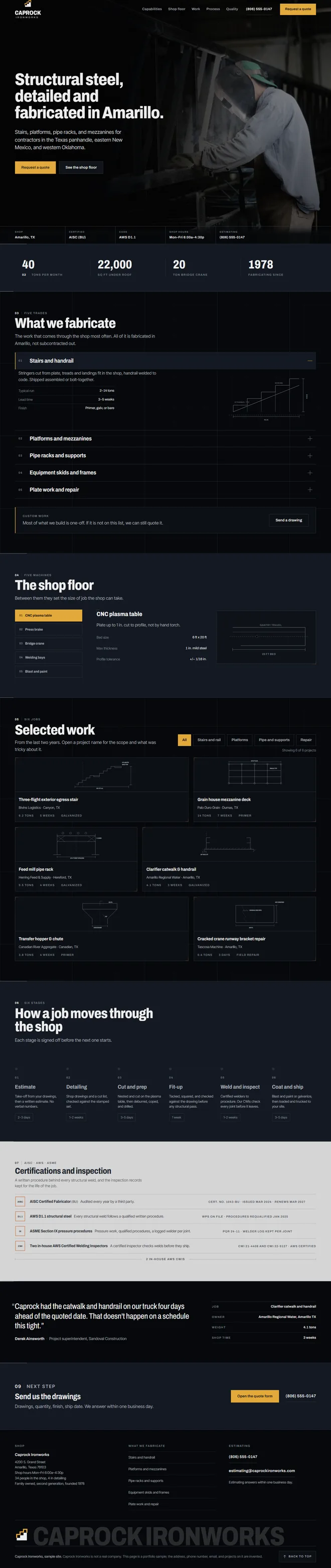 A sample website built for a fictional steel fabrication shop